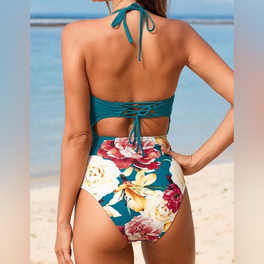 CUPSHE One Piece Swimsuit Twist Cutout Front Crisscross Lace Up Back Sz S - Picture 4 of 5